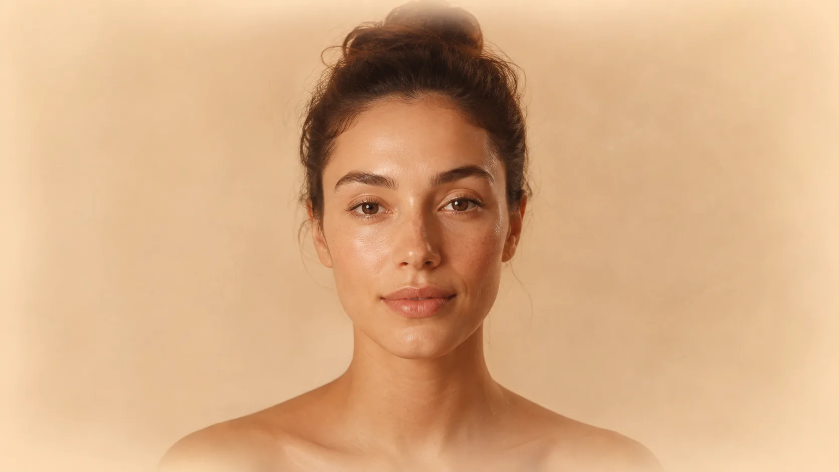A young woman with her hair gathered in a high bun, facing forward in soft warm light.