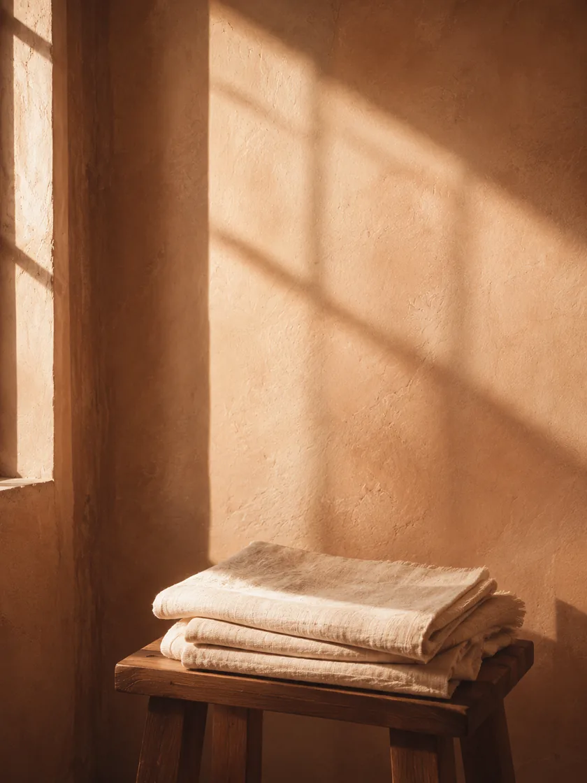 A stack of folded cream linen cloths on a wooden stool, with late light falling down the plaster wall behind.