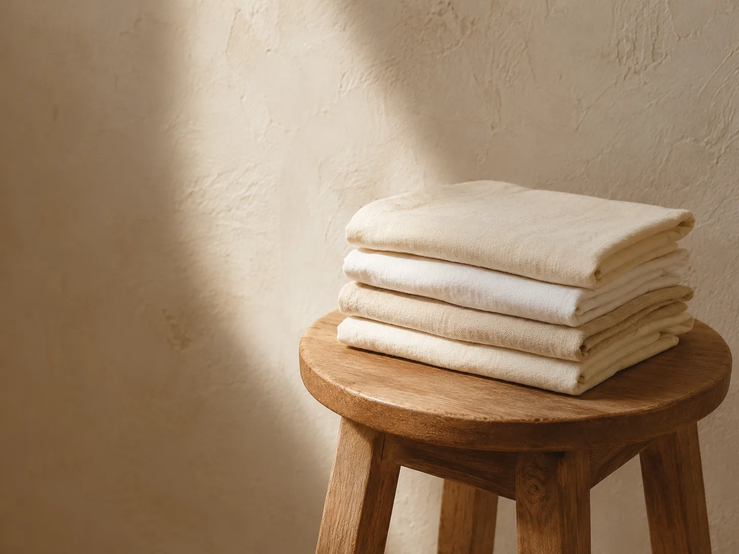 A folded, unscented cotton cloth on a plain wooden stool beside a bare wall.