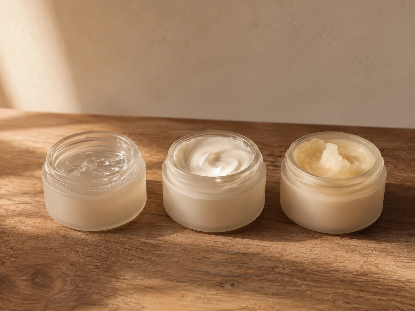 Three unlabelled jars of different textures, thin to thick, on a wooden surface.