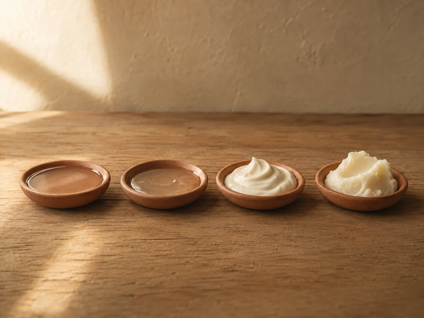 Small dishes of clear and cloudy liquids arranged in a line, thin to thick, on a wooden table.