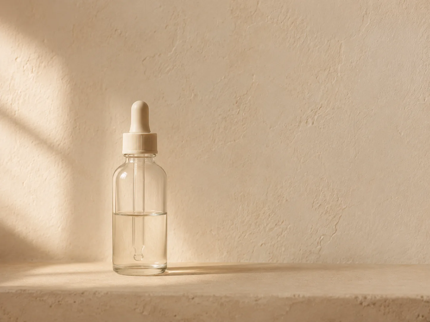 A plain dropper bottle standing in soft light against a cream plaster wall.