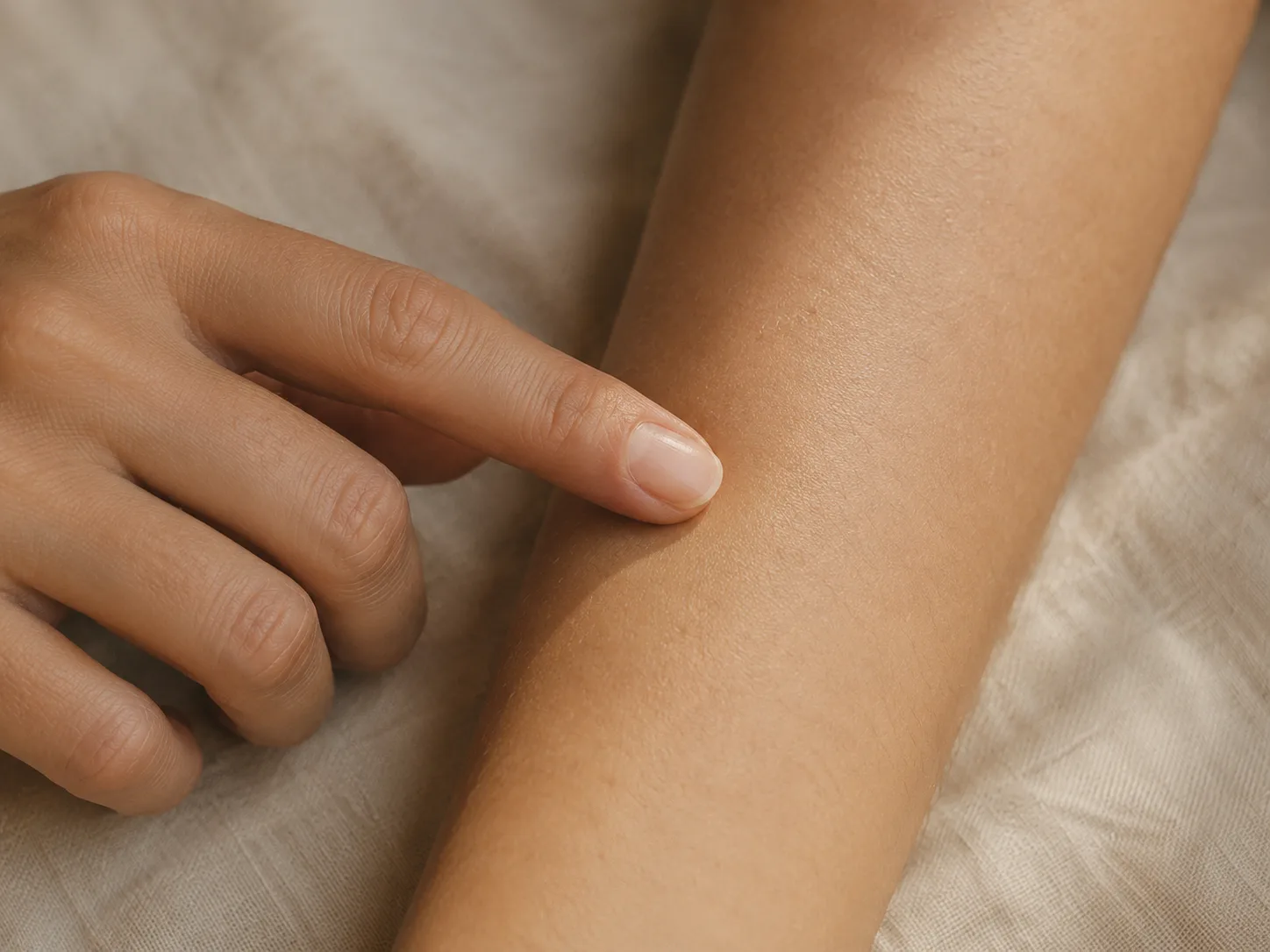 A single fingertip resting on the inside of a forearm in soft window light.
