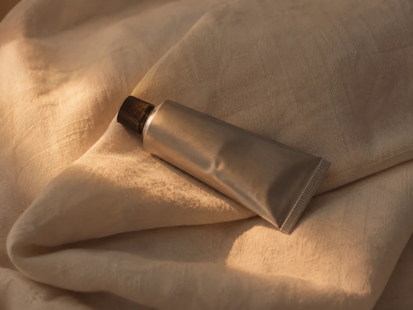 A small unlabelled tube resting on folded cream linen in low evening light.