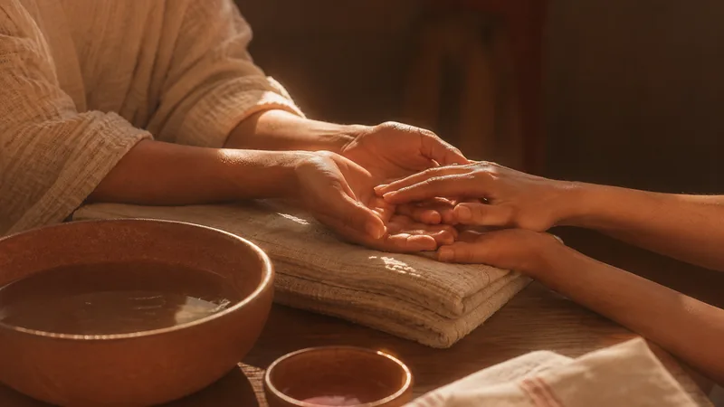 Two pairs of hands resting on folded linen beside shallow terracotta bowls of water.