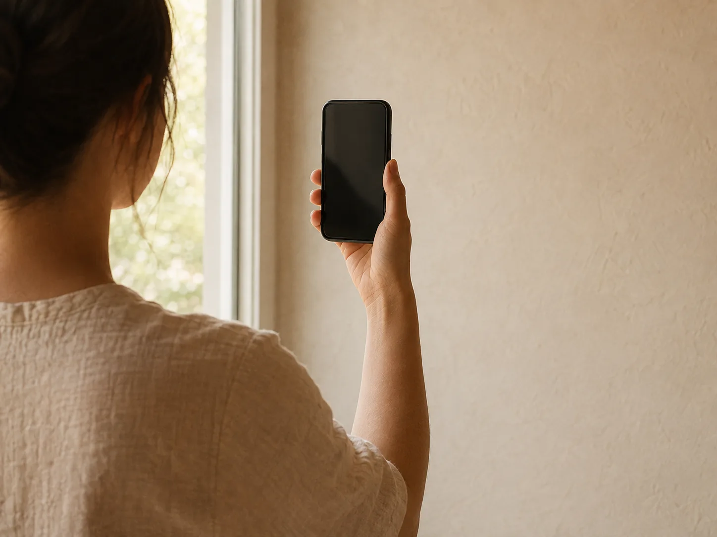 A phone held at eye level in soft, even window light, set up for a check-in photo.