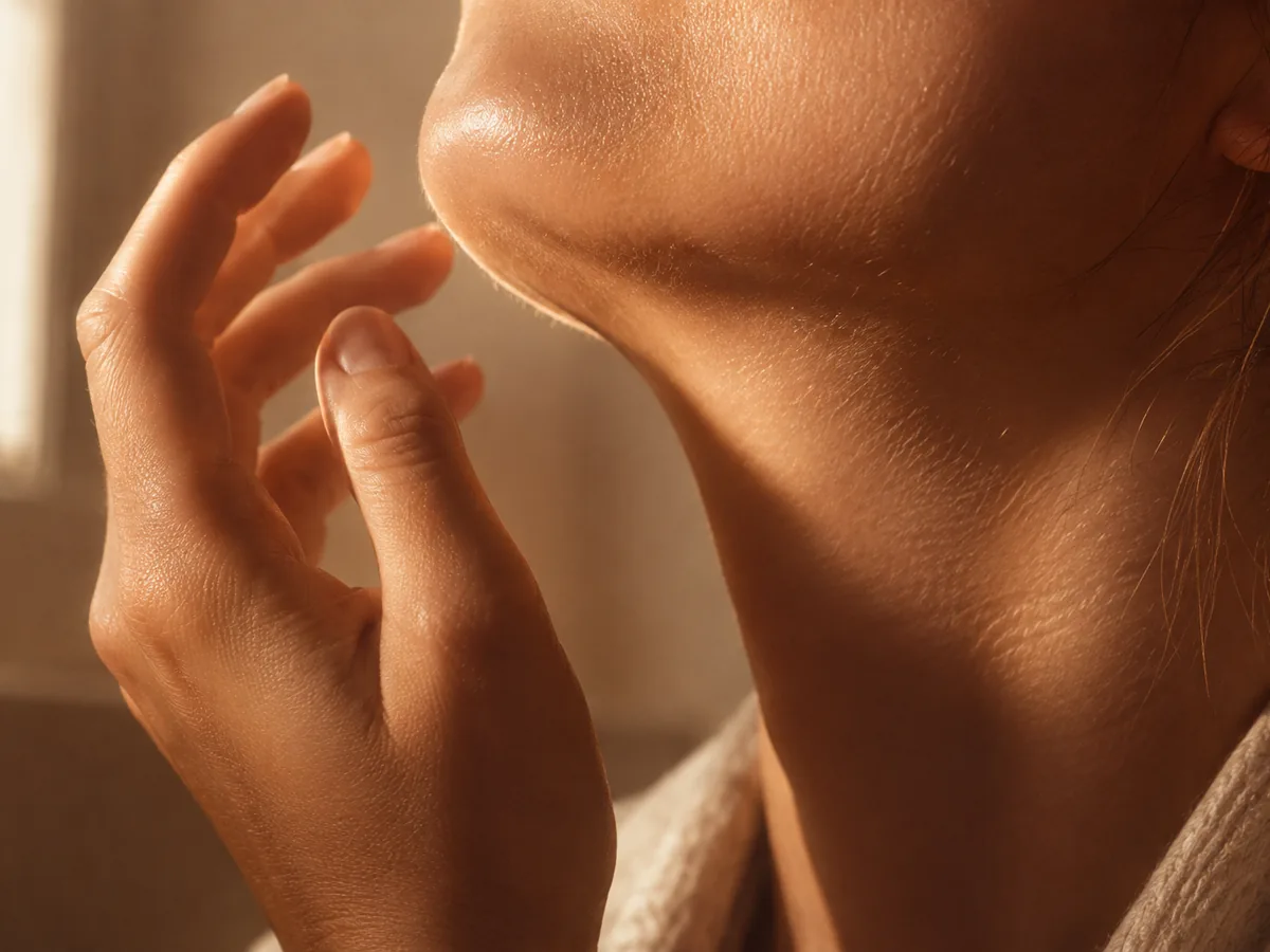 A woman turning her jaw into low window light, one hand raised near her cheek as she looks closely at her skin.