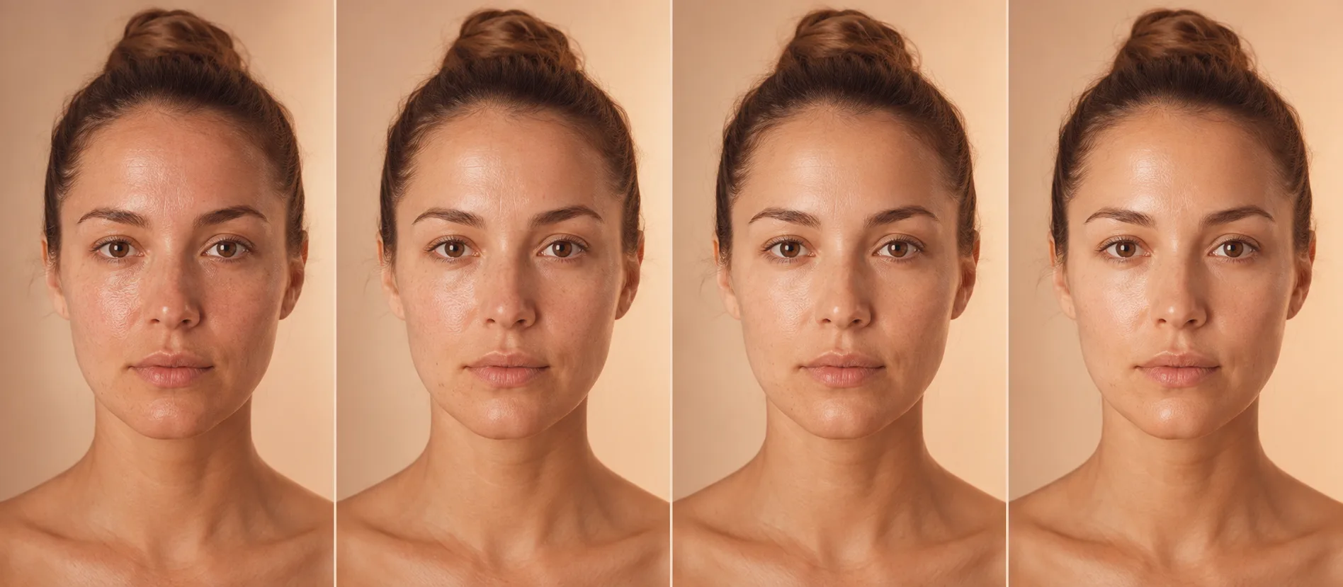 The same face photographed at two-week intervals. The control below chooses which of the four check-ins is shown.