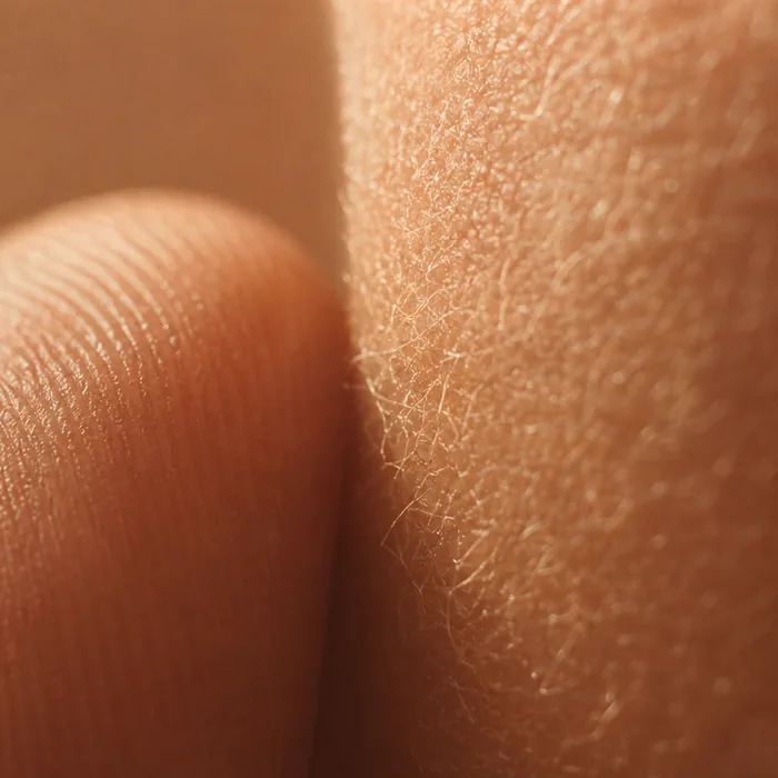 An extreme close-up of a fingertip meeting skin, so magnified that only texture is visible.