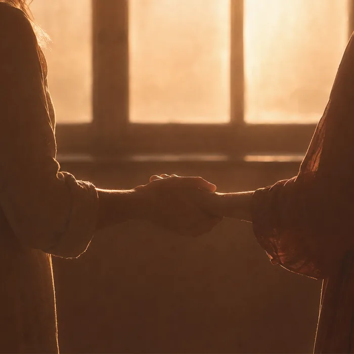Two people’s hands joined, silhouetted against a bright window.